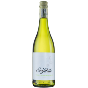 The image shows a clear glass bottle of wine with a pale greenish-yellow hue, indicating a white wine. The label is clean and modern, with "Ses'fikile" written in a stylish font at the top. The wine is a "CHENIN BLANC/ROUSSANNE" blend from the vintage year 2020, as stated on the label. Below the varietal information, the origin "SOUTH AFRICA" is noted. The label also features subtle illustrations of wine glasses. A silver capsule covers the neck and top of the bottle, which includes a barcode and additional labeling. The overall presentation of the bottle conveys a sense of elegance and contemporary branding.